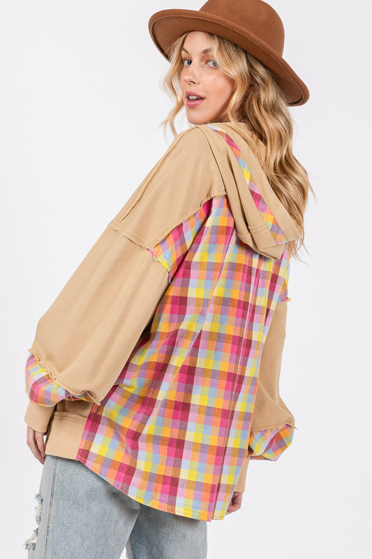 Plaid Print Croissant Washed Hoodie - ThingsWeUseAndLove 