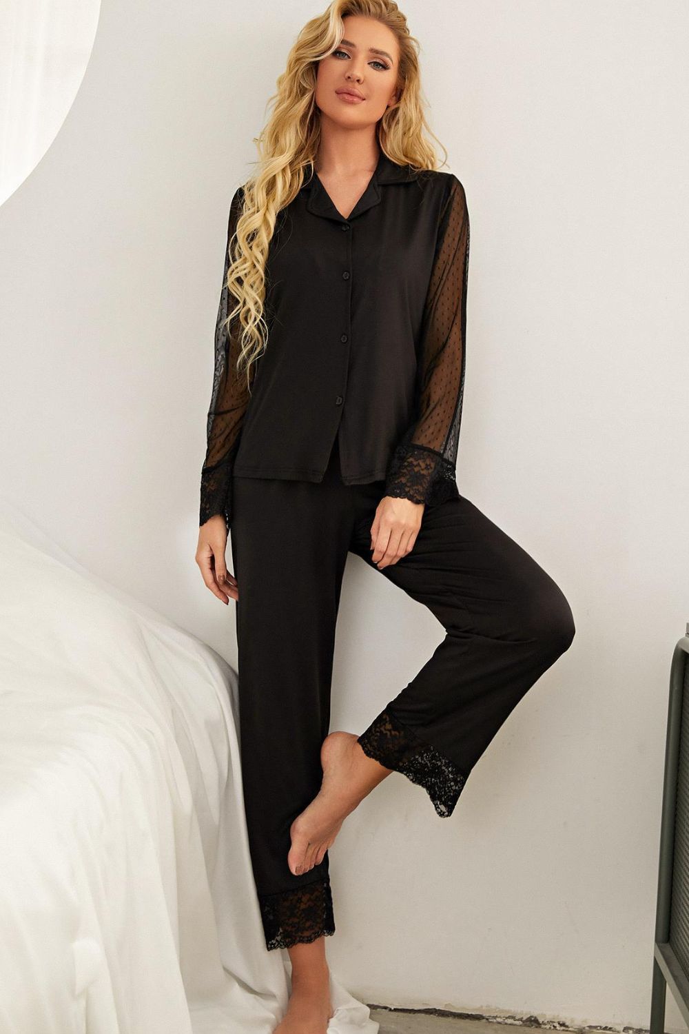 Anais Spliced Lace Lapel Collar Pajama Set - ThingsWeUseAndLove Black-XL