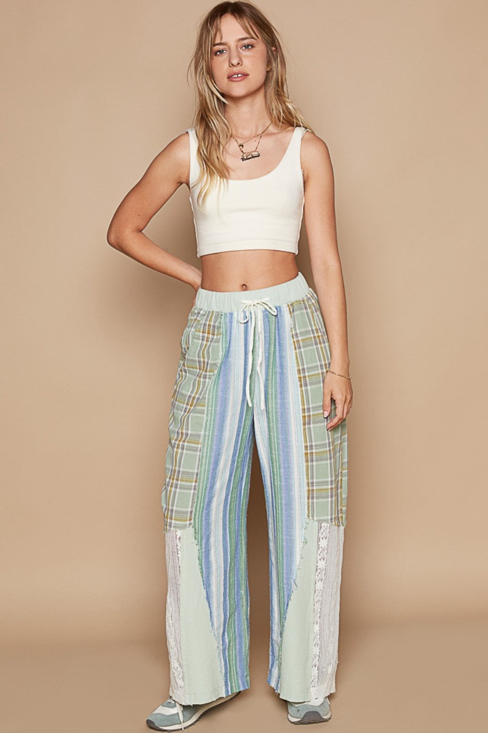 POL Drawstring Plaid Print Lace Straight Pants - ThingsWeUseAndLove 