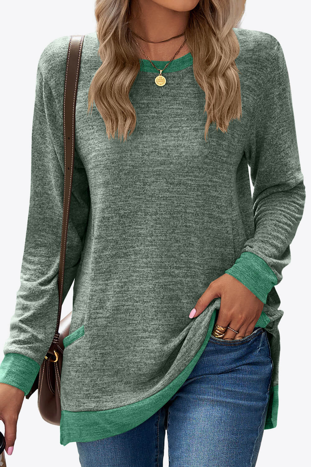 Heathered Slit Top with Pockets - ThingsWeUseAndLove Matcha-2XL