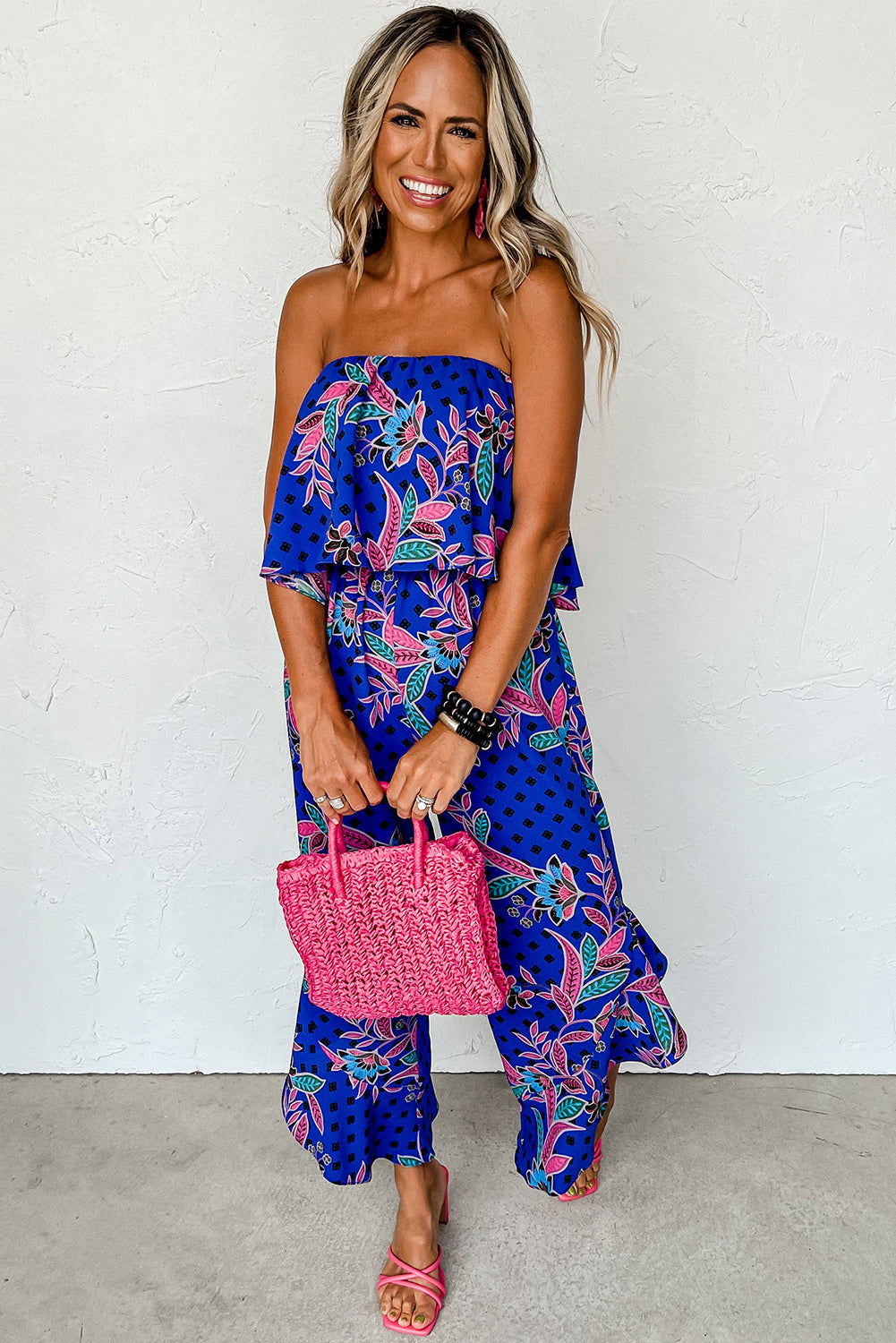 Tropical Print Strapless Ruffle Jumpsuit - ThingsWeUseAndLove 