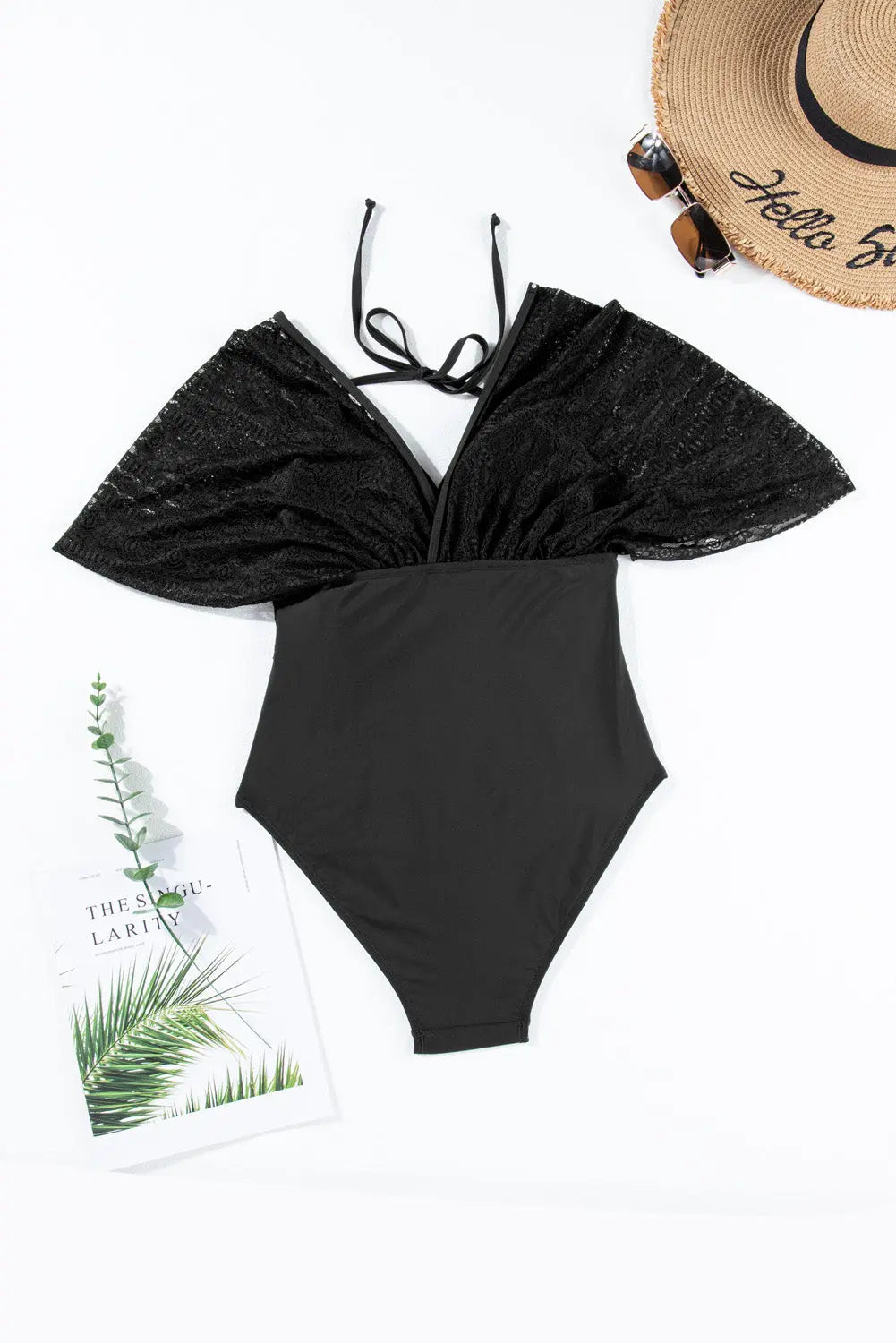 One Piece Black Lace Patchwork Short Sleeve V Neck Swimsuit - ThingsWeUseAndLove 