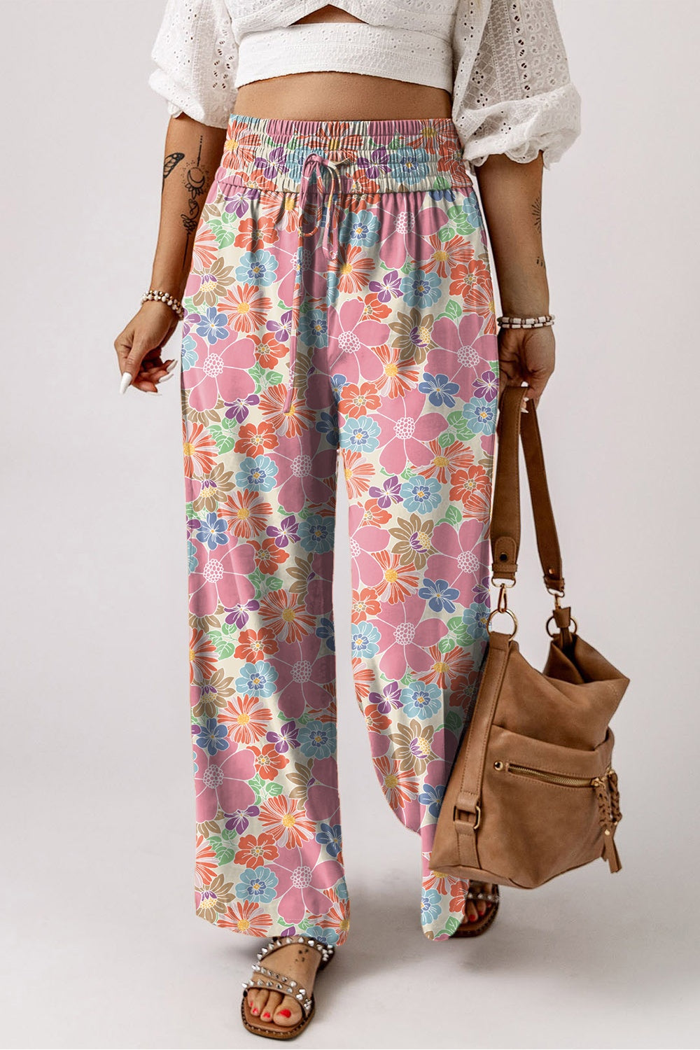 Dot Drawstring Printed Wide Leg Pants - ThingsWeUseAndLove Floral-XL