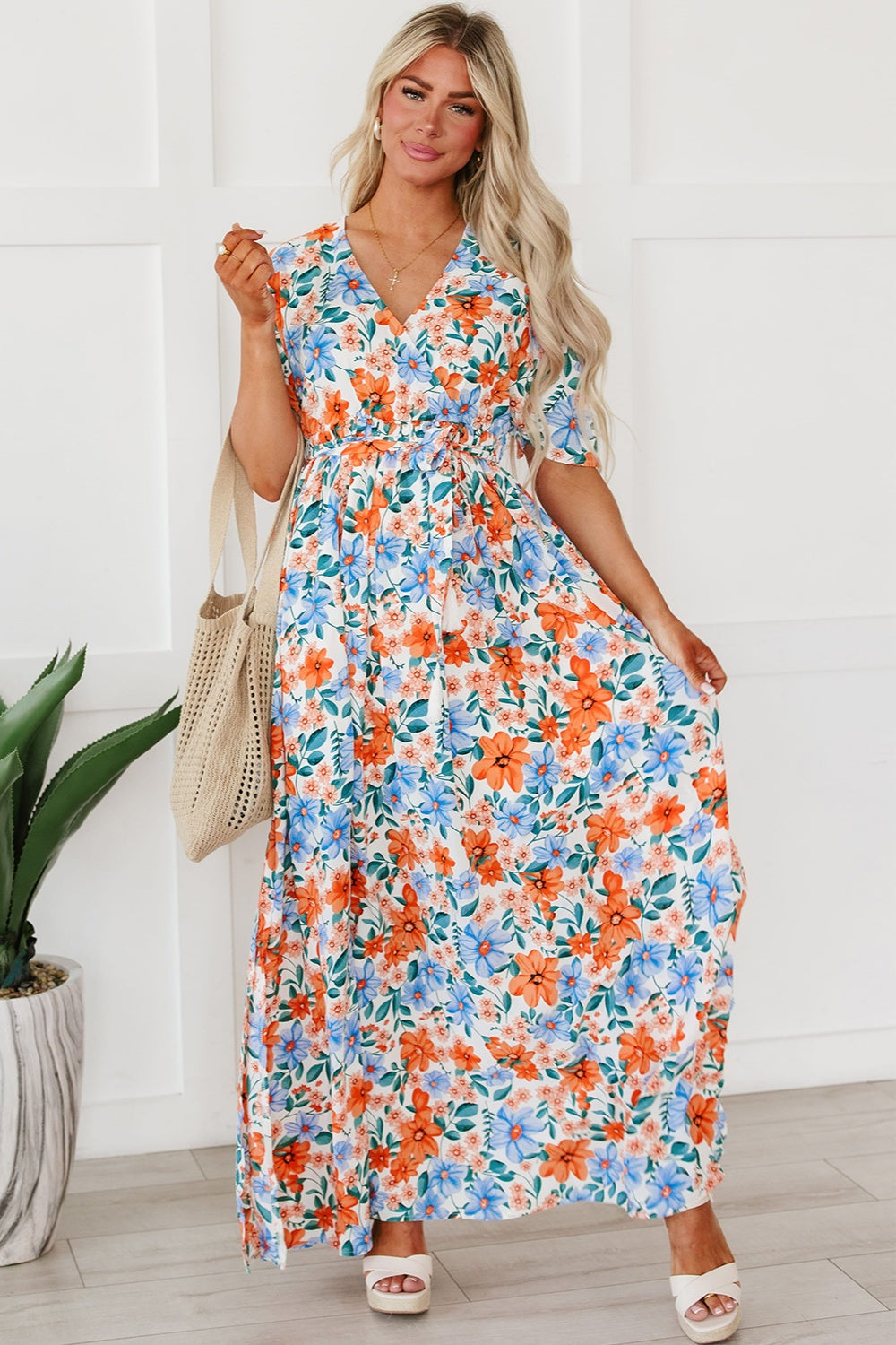 Summer Weekend Tied Slit Floral Half Sleeve Maxi Dress - ThingsWeUseAndLove 