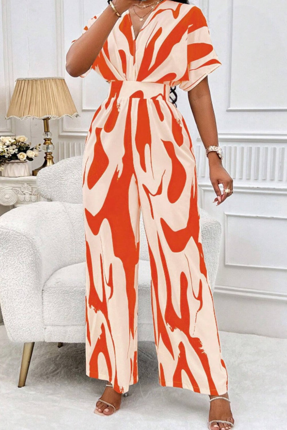 Tess Size Inclusive Printed V-Neck Short Sleeve Wide Leg Jumpsuit - ThingsWeUseAndLove Orange-2XL