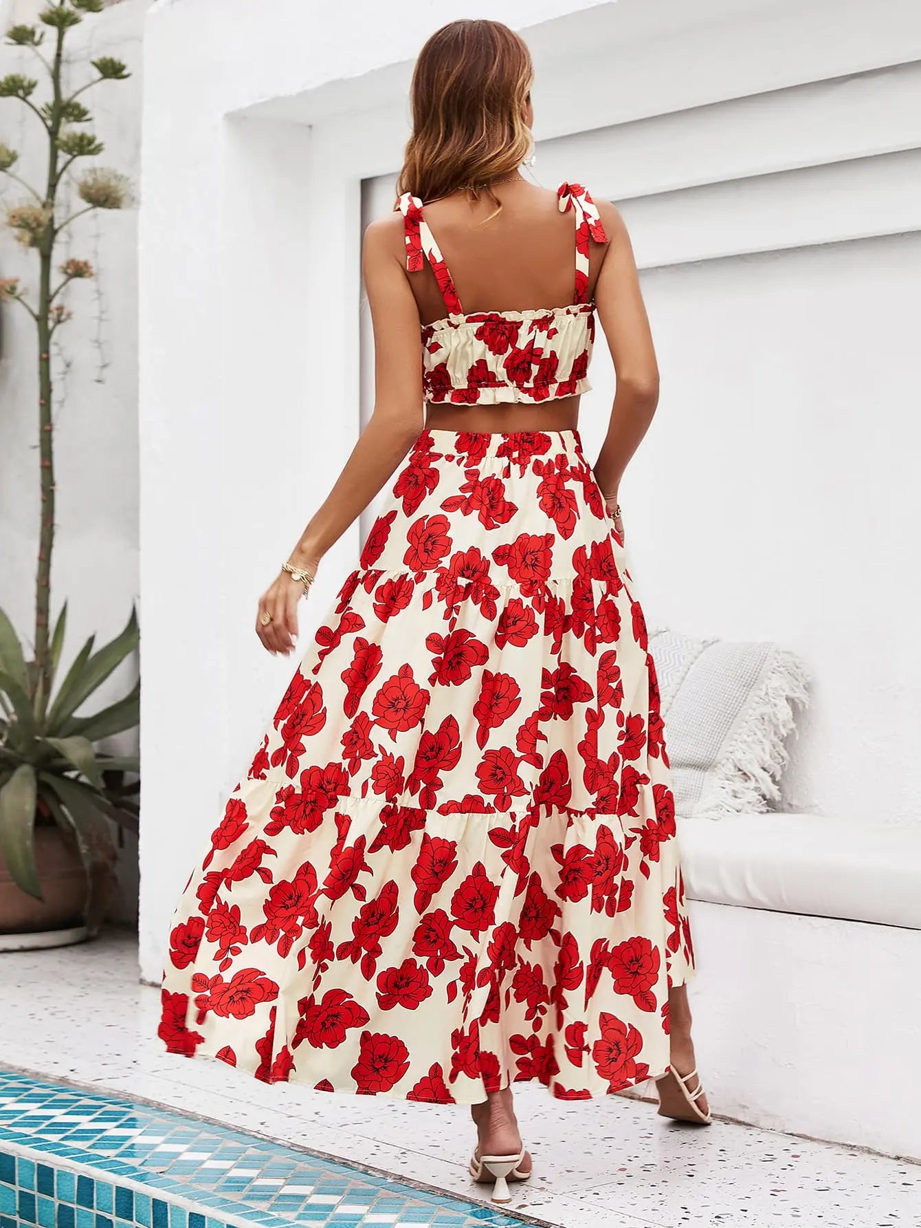 Floral Tie Shoulder Top and Tiered Maxi Skirt Set - ThingsWeUseAndLove 