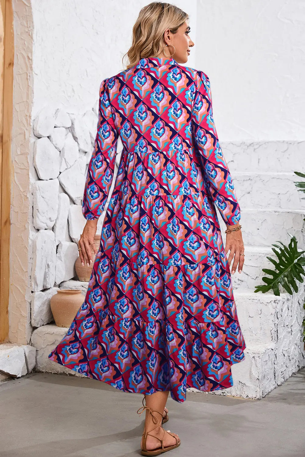 Notch Neck Tiered Multicolor Abstract Geometric Print Boho Dress - ThingsWeUseAndLove 