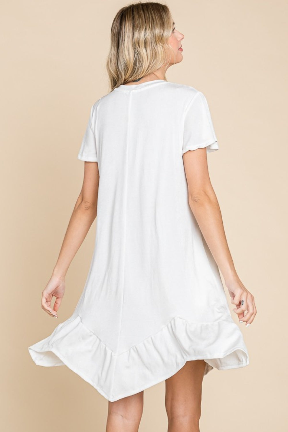 Simple Elegant White Short Sleeve Ruffled Asymmetric Hem Dress - ThingsWeUseAndLove 