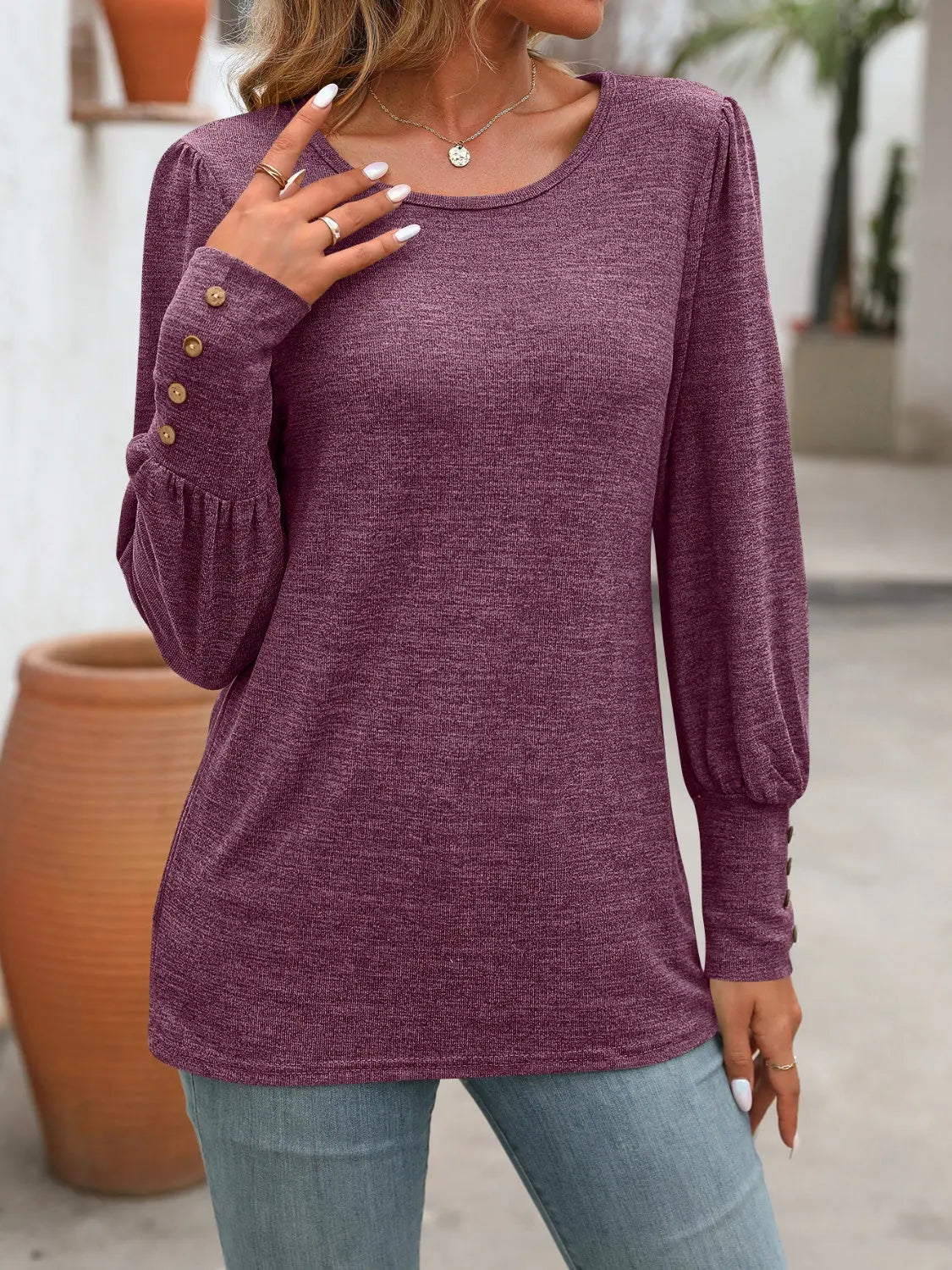 Decorative Button Round Neck Long Sleeve T-Shirt - ThingsWeUseAndLove 