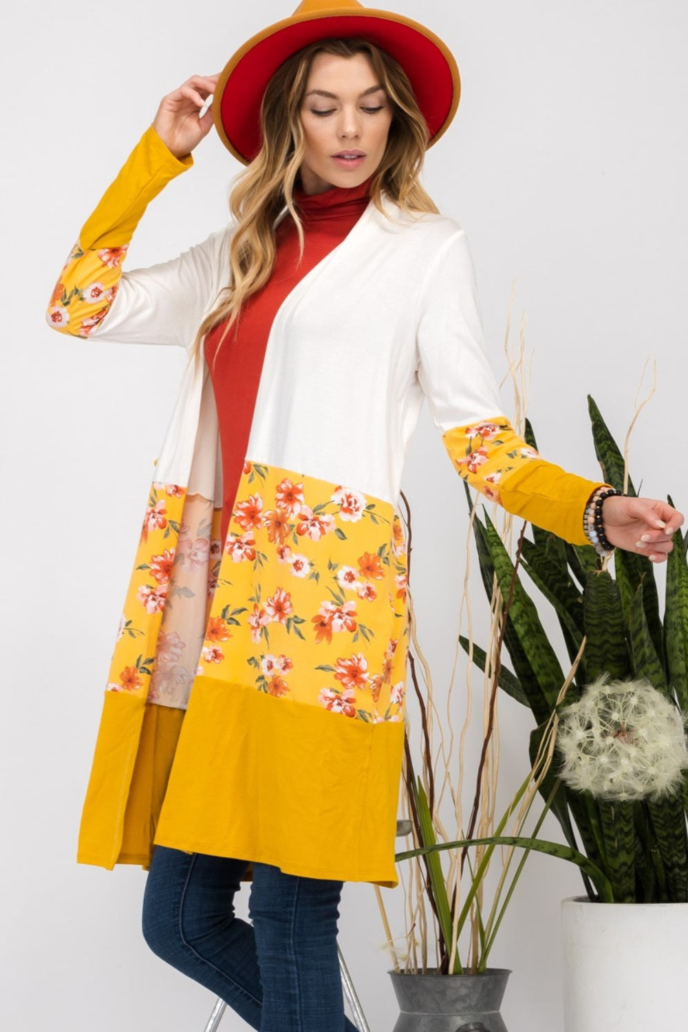 Floral Color Block Ivory/Mustard Open Front Cardigan - ThingsWeUseAndLove 