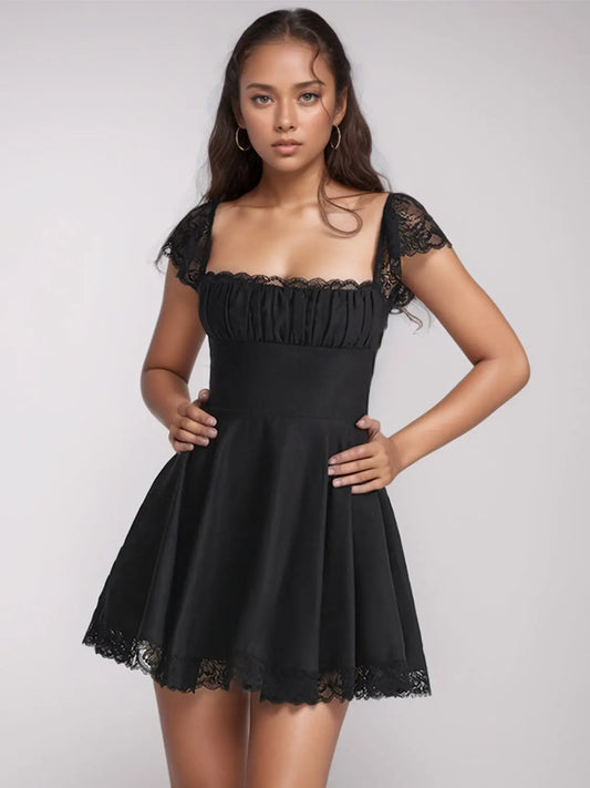 Square Neck Cap Sleeve Lace Detail Mini Dress - ThingsWeUseAndLove Black-XL