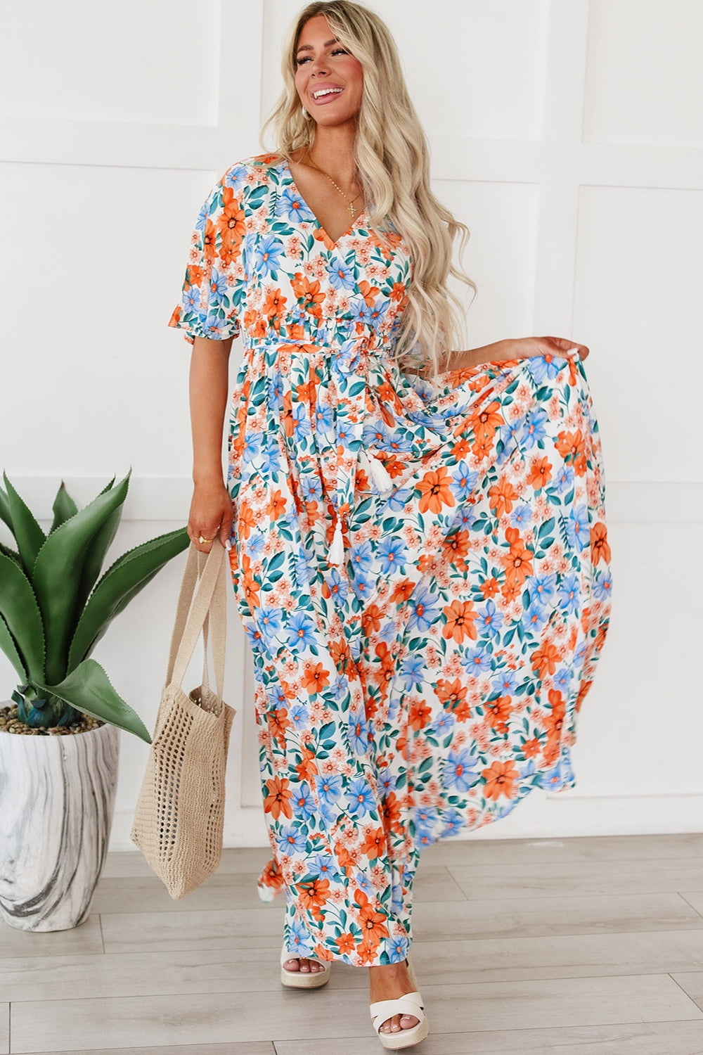 Summer Weekend Tied Slit Floral Half Sleeve Maxi Dress - ThingsWeUseAndLove Floral-L