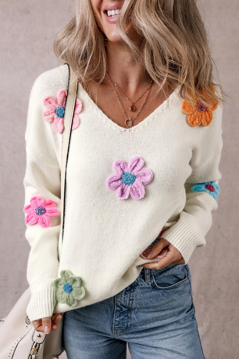 Noomi Crochet Flower V-Neck Long Sleeve Sweater - ThingsWeUseAndLove 