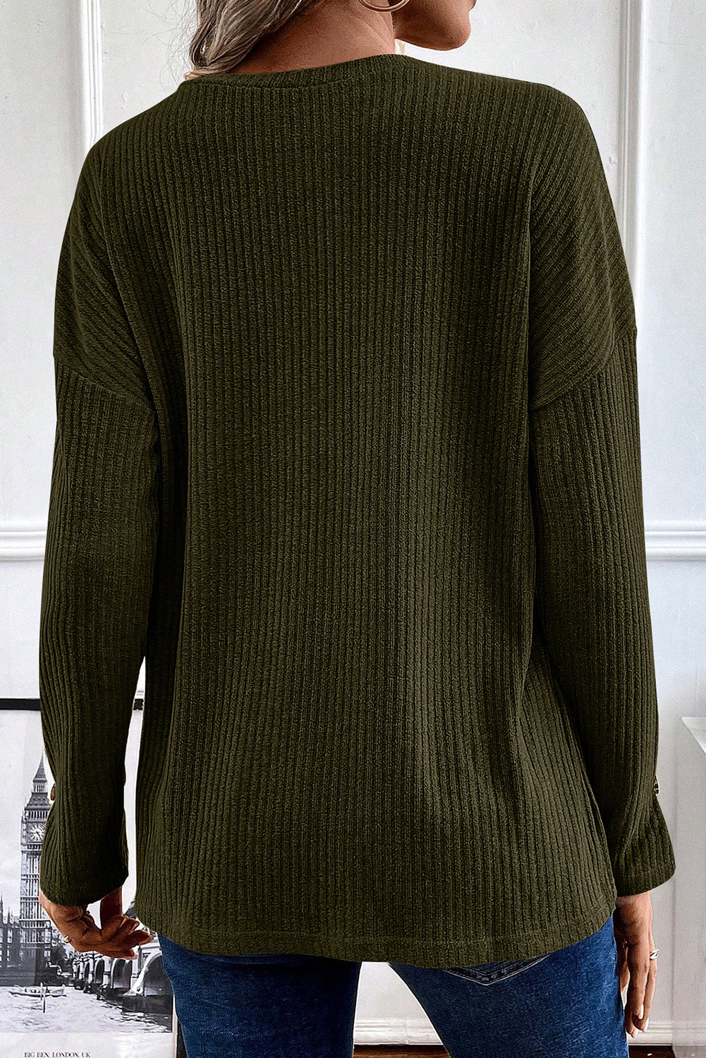 Drop Shoulder Ribbed Knit Long Sleeve Henley Top - ThingsWeUseAndLove 