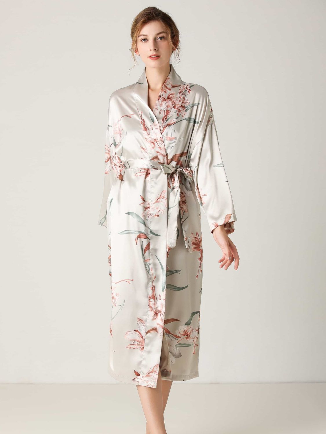 Floral Tie Waist Long Sleeve Robe - ThingsWeUseAndLove Light-Gray-XL