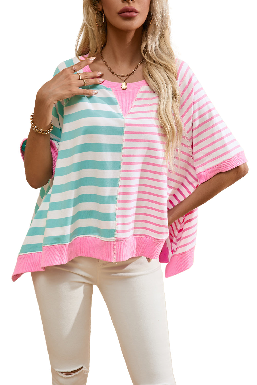 Pink Stripe Contrast Patchwork Oversized T Shirt - ThingsWeUseAndLove 