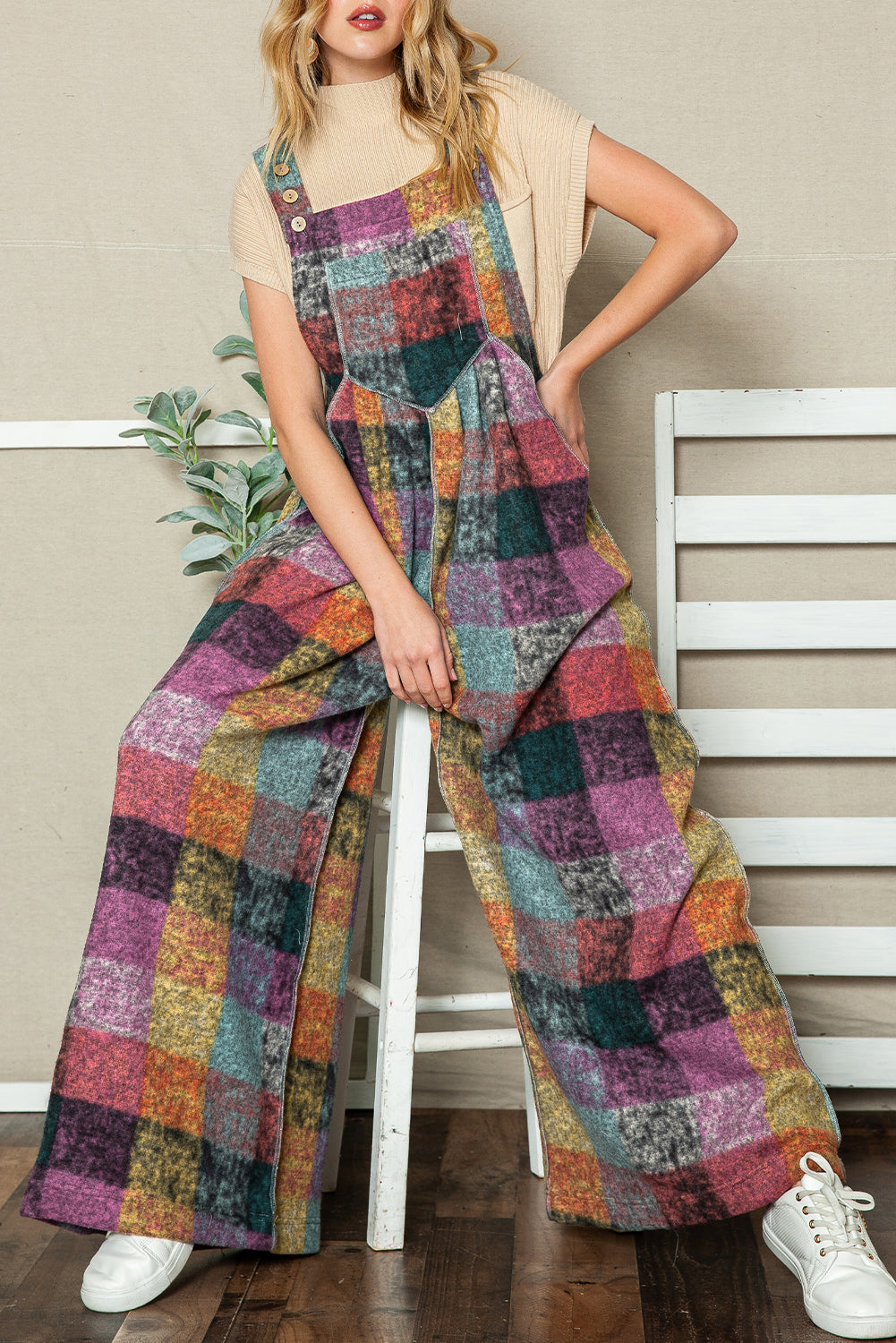 Multicolor Brushed Checked Pockets Pleated Wide Leg Overall - ThingsWeUseAndLove 