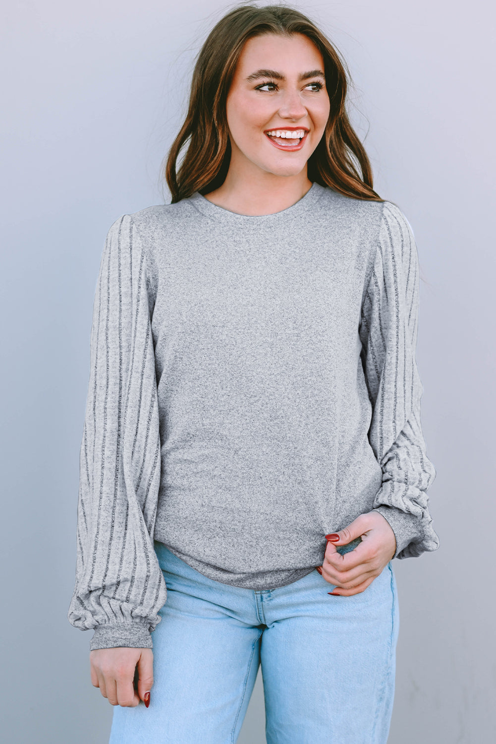 Gray Solid Color Contrast Ribbed Bishop Sleeve Top - ThingsWeUseAndLove 