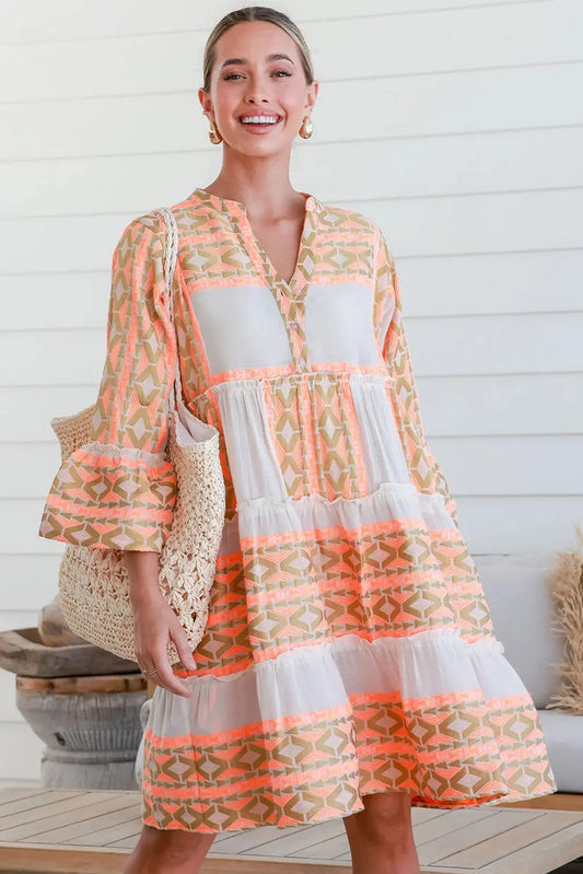 Orange Boho Geometric V-Neck Frill Tiered Mini Dress - ThingsWeUseAndLove 