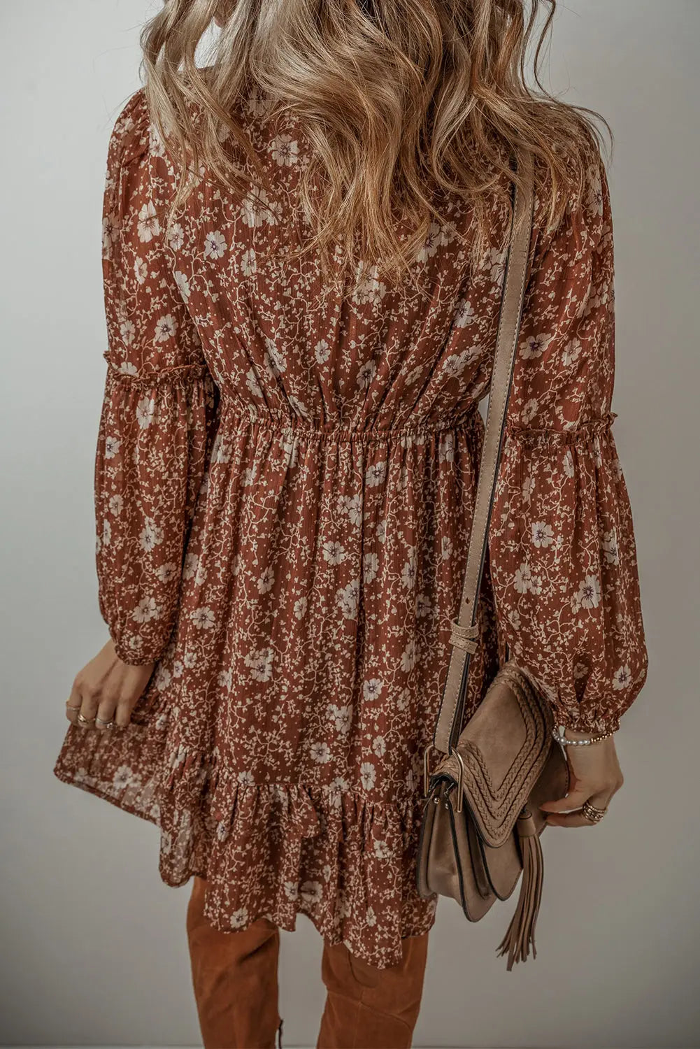 Brown Boho Floral Ruffle Puff Sleeve V Neck Mini Dress - ThingsWeUseAndLove 