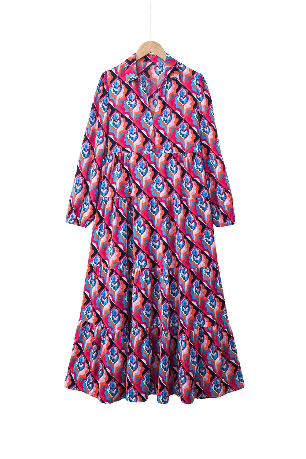 Notch Neck Tiered Multicolor Abstract Geometric Print Boho Dress - ThingsWeUseAndLove 