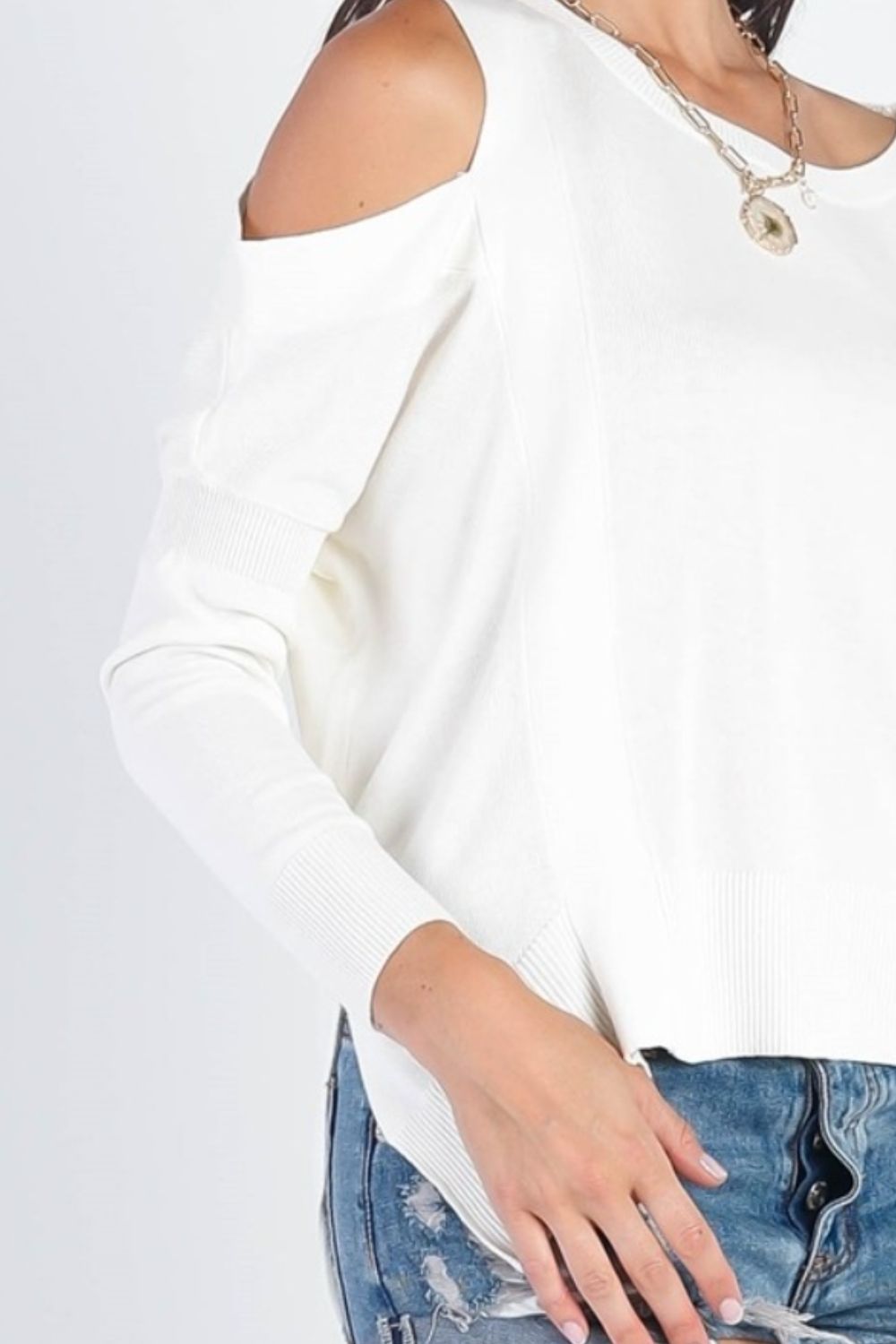 Long-Sleeve Cold Shoulder Knit Top - ThingsWeUseAndLove 