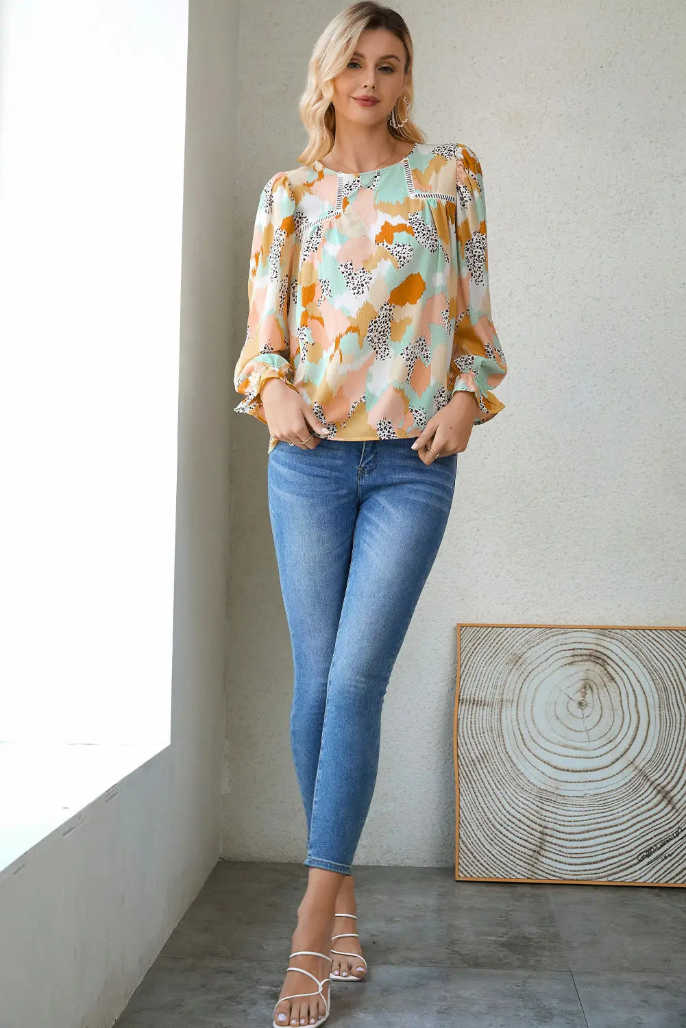Boho Frill Multicolor Abstract Print Long Sleeve Blouse - ThingsWeUseAndLove 
