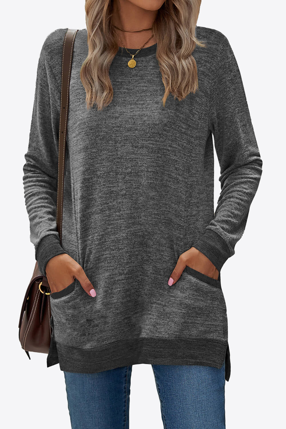 Heathered Slit Top with Pockets - ThingsWeUseAndLove Dark-Gray-2XL