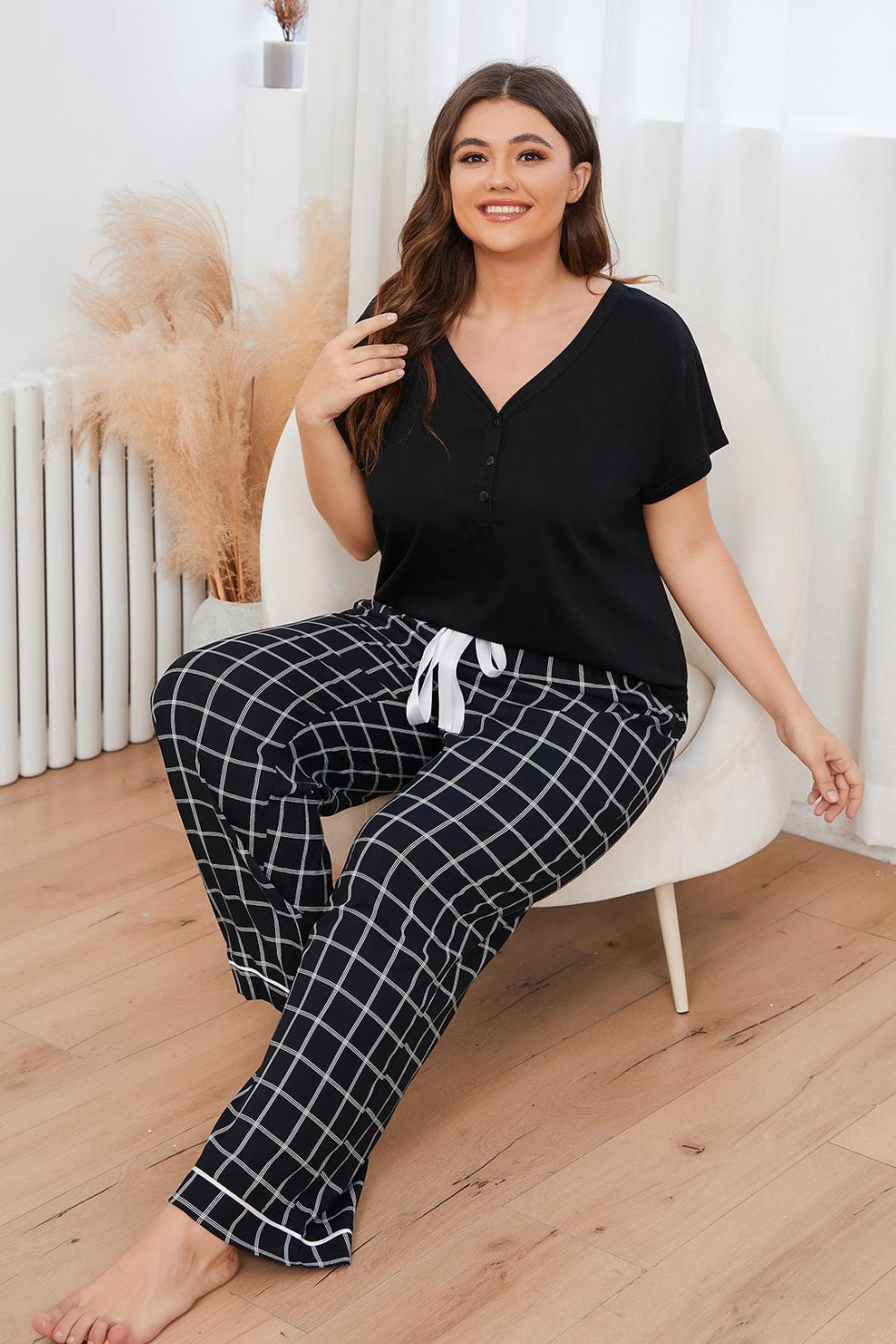 Dreamland Size Inclusive V-Neck Top and Plaid Pants Lounge Set - ThingsWeUseAndLove 