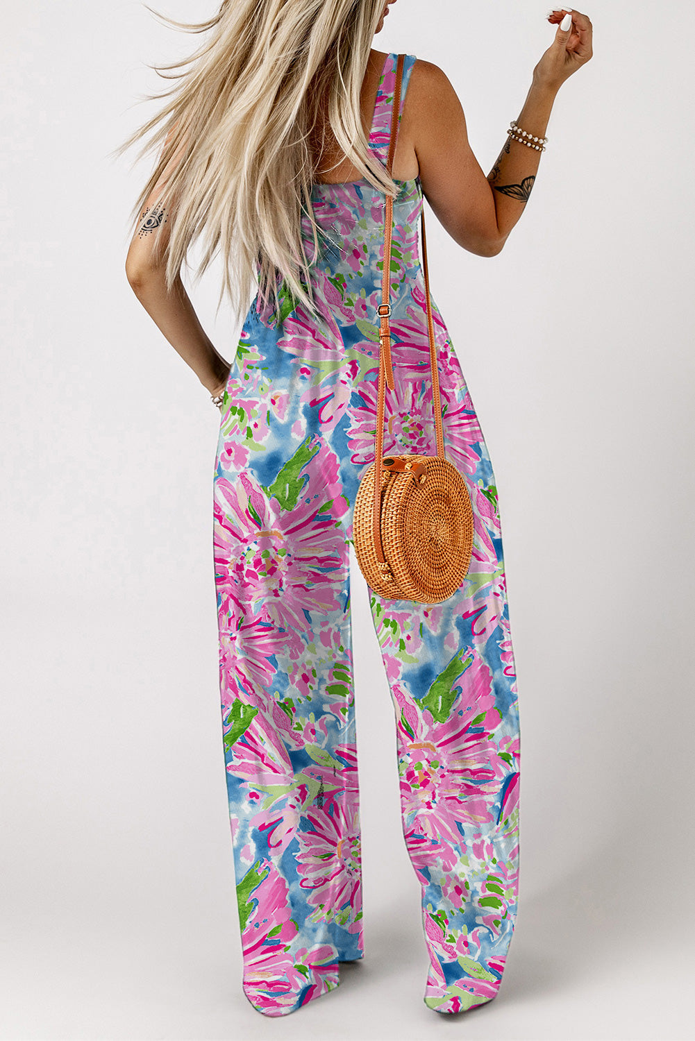 Floral Smocked Square Neck Jumpsuit with Pockets - ThingsWeUseAndLove 