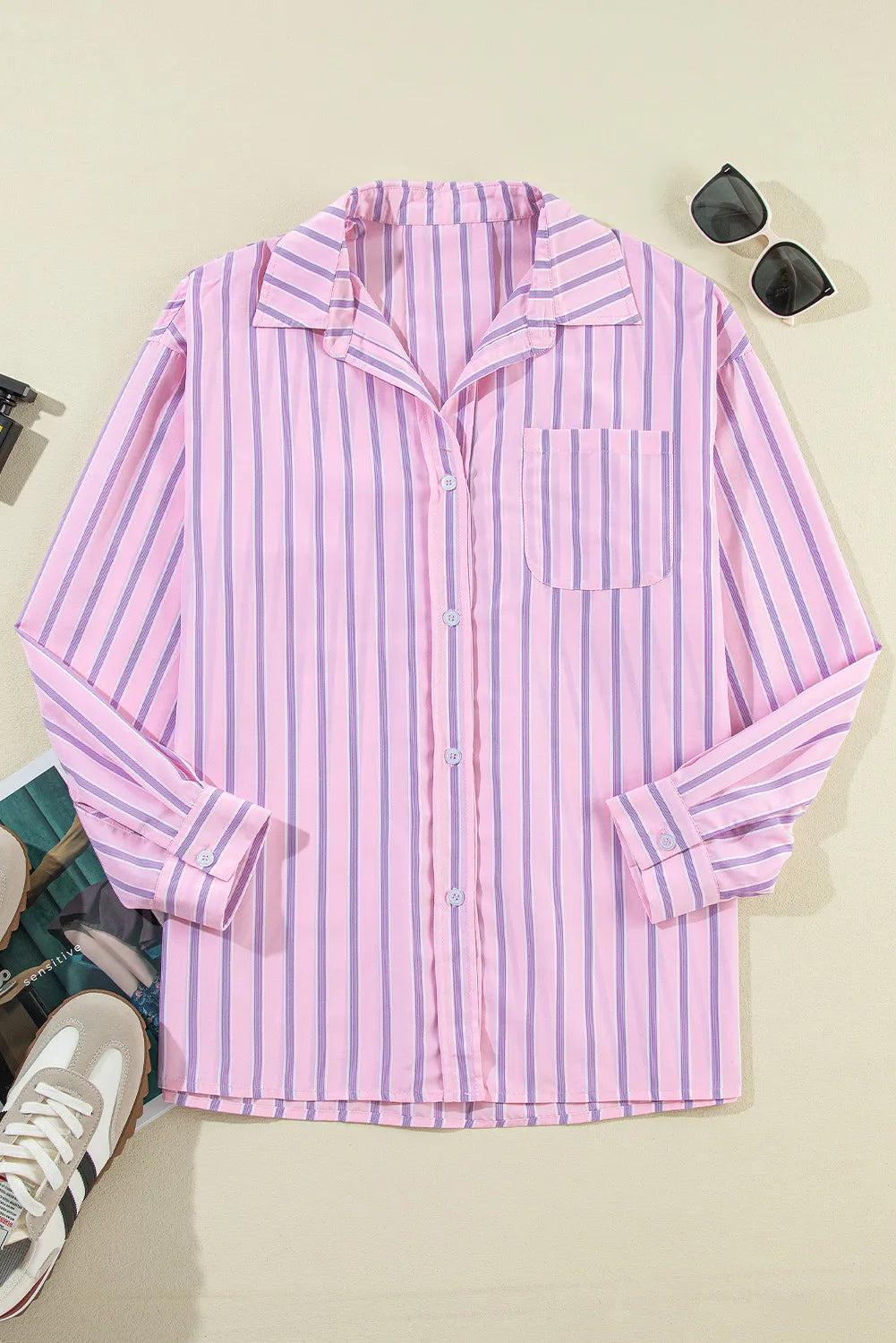 Striped Collared Neck Long Sleeve Shirt - ThingsWeUseAndLove 