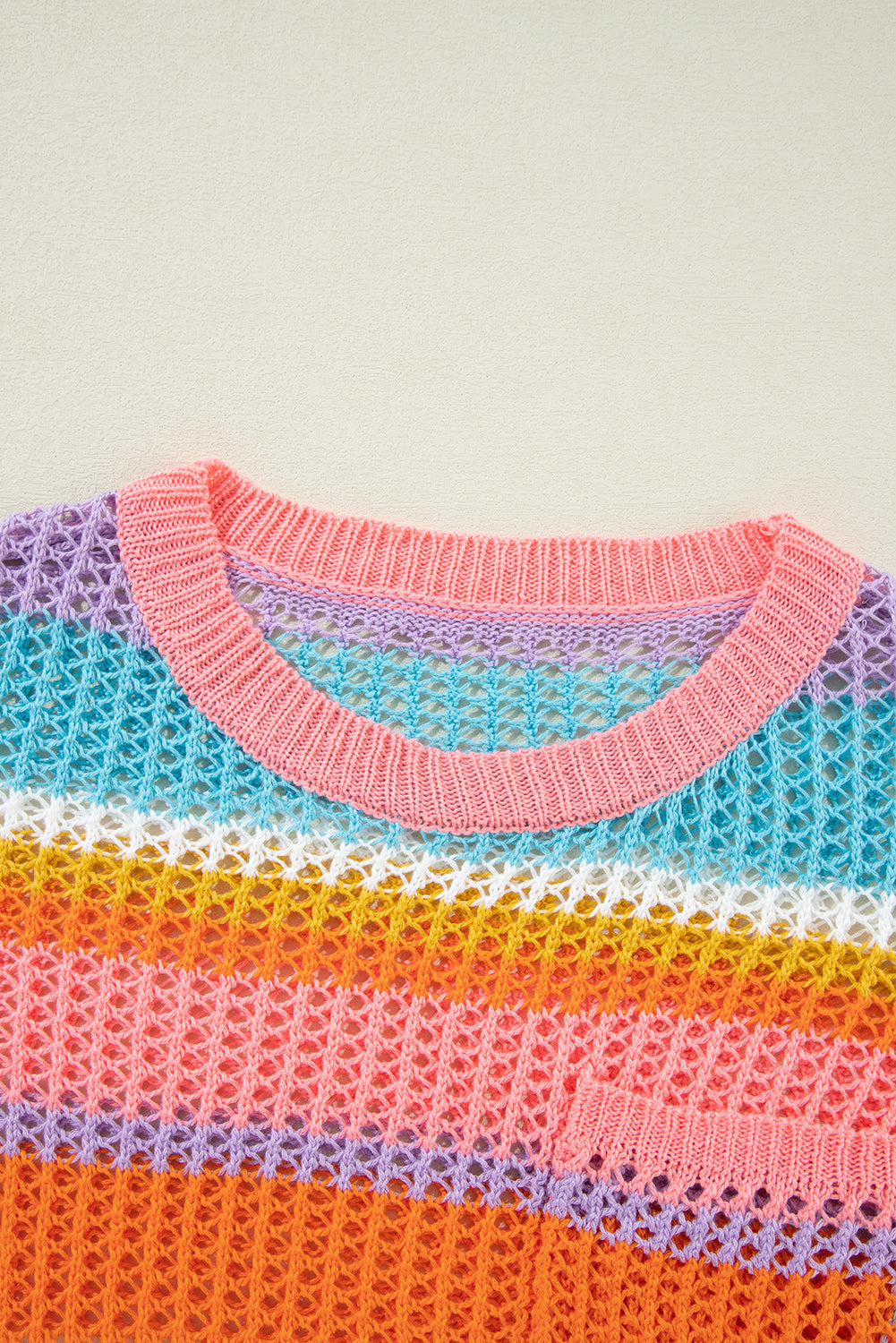 Striped Color Block Hollow Crochet 3/4 Sleeve T Shirt - ThingsWeUseAndLove 