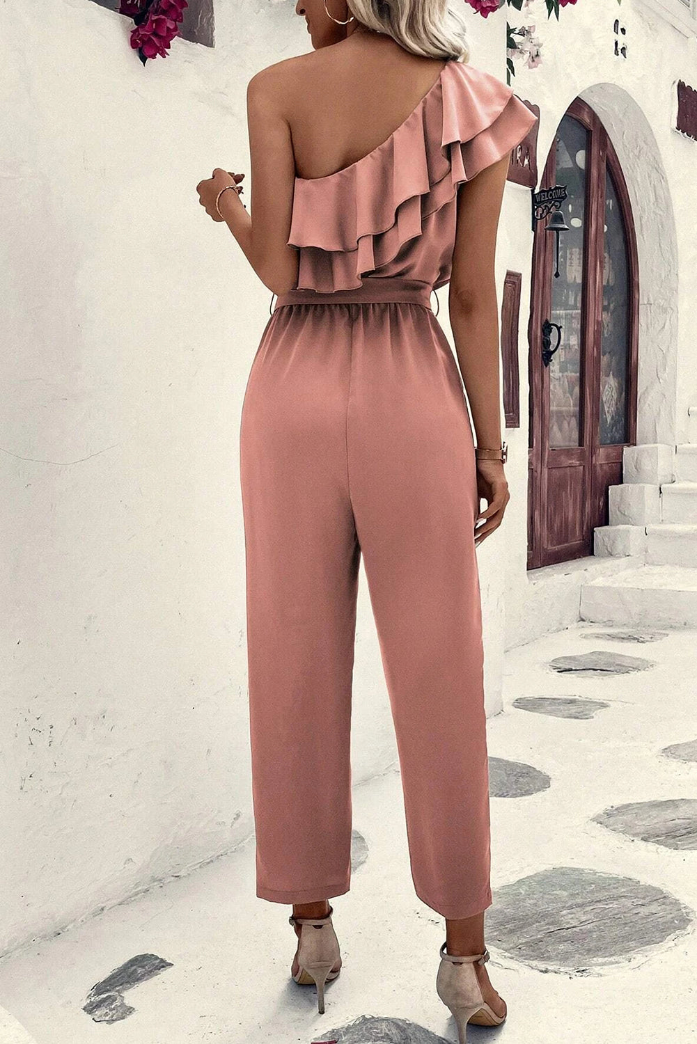 Dusty Pink Asymmetric Shoulder Ruffle Trim Belted Jumpsuit - ThingsWeUseAndLove 