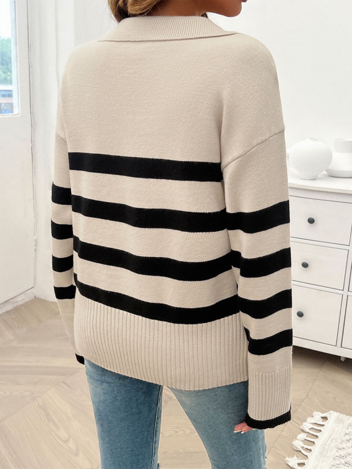 Paityn Collared Neck Long Sleeve Striped Sweater - ThingsWeUseAndLove 