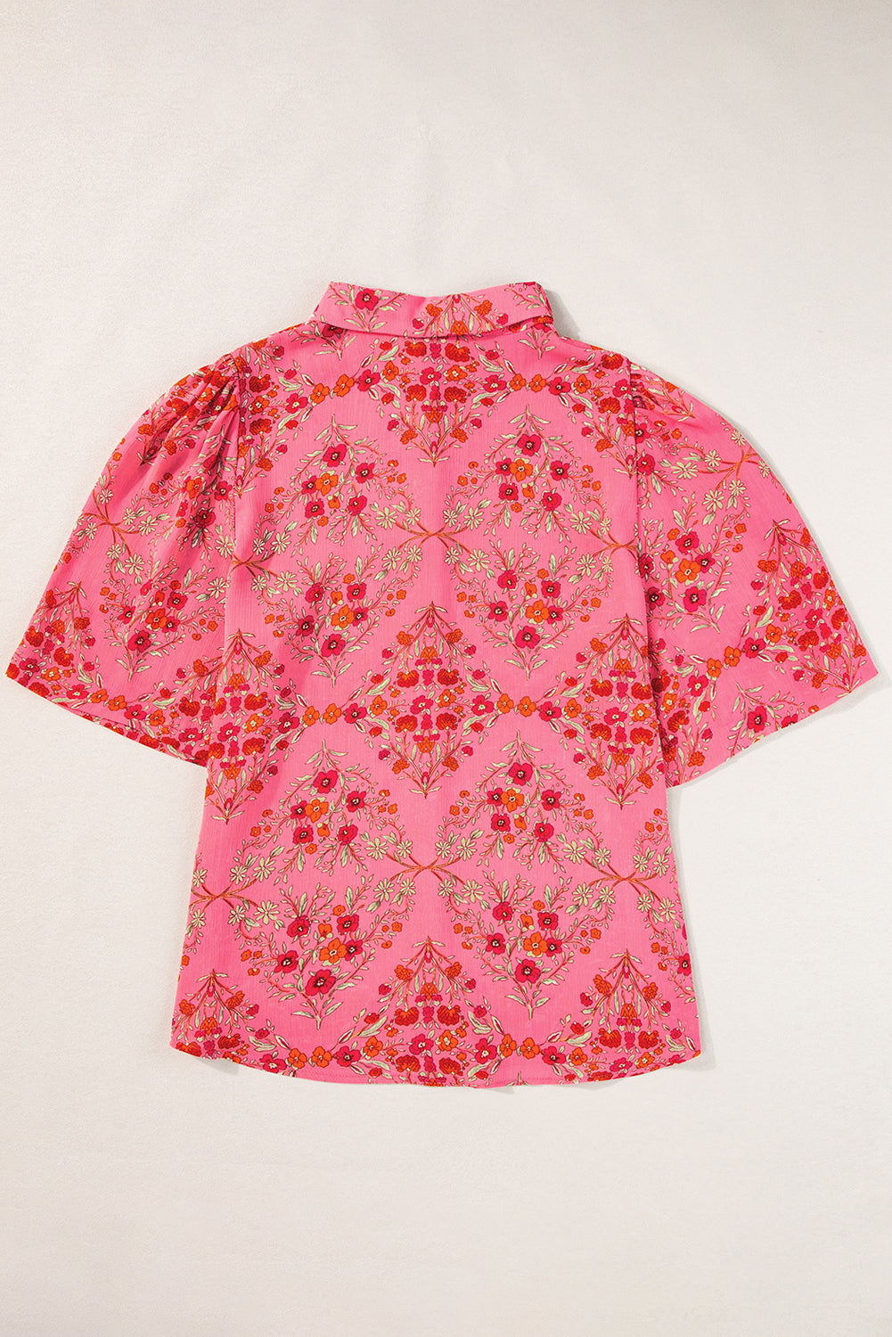 Rose Red Floral Print Wide Short Sleeve Loose Shirt - ThingsWeUseAndLove 