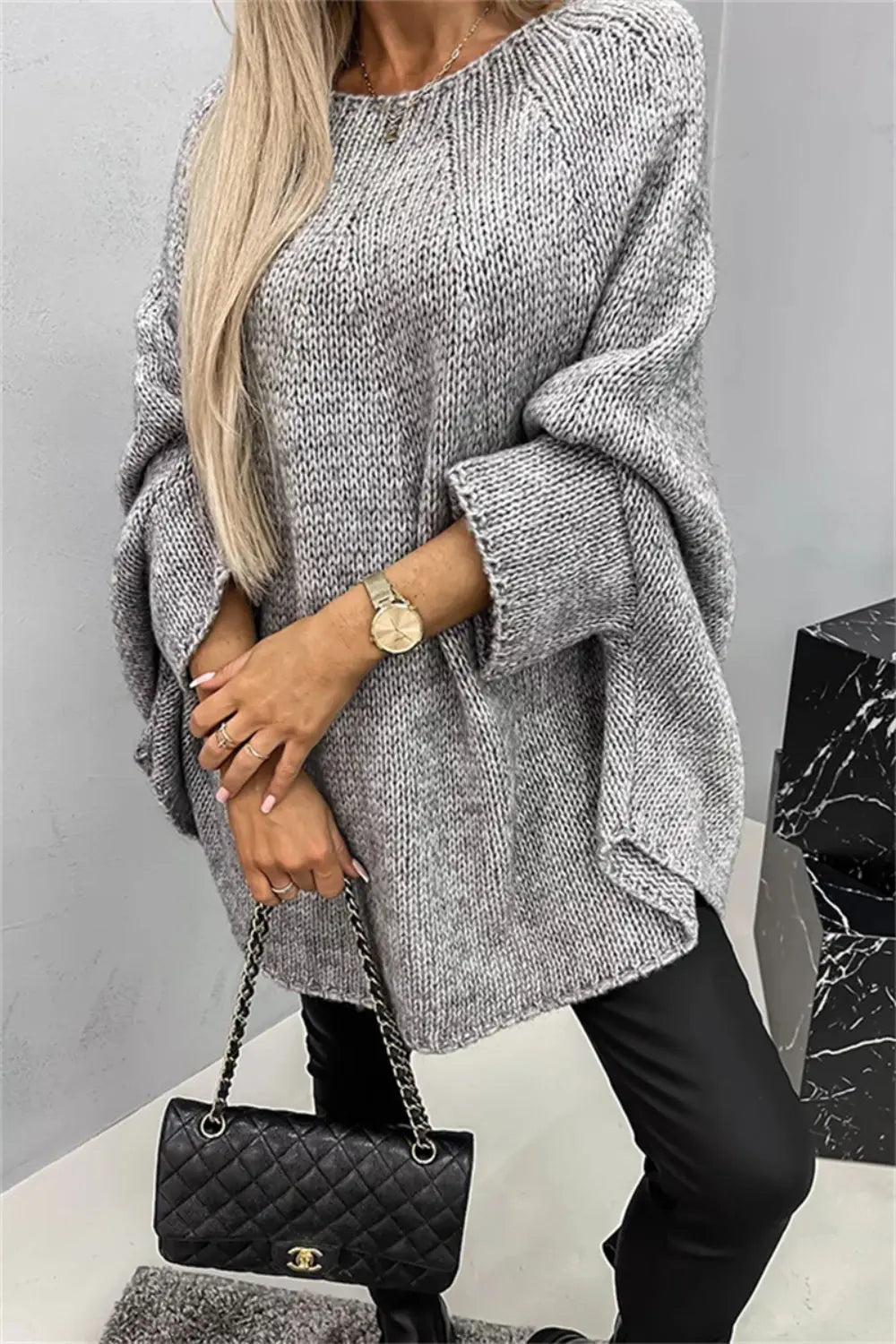 Batwing Sleeve Round Neck Sweater - ThingsWeUseAndLove Gray-L-XL