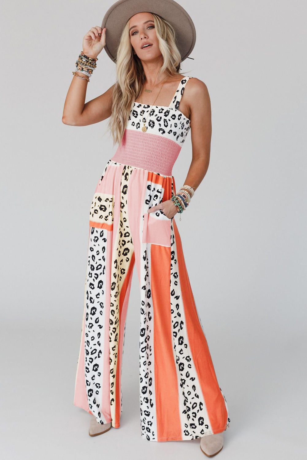 Pink Leopard Color Block Patchwork Strap Jumpsuit - ThingsWeUseAndLove 