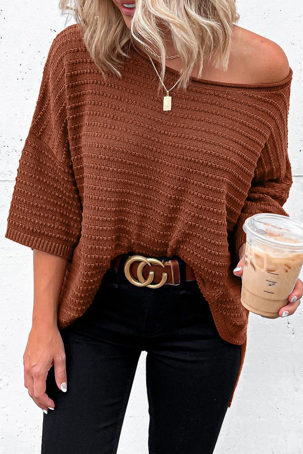 Casual Solid Rib-Knit Short Sleeve Top - ThingsWeUseAndLove Brown-2XL