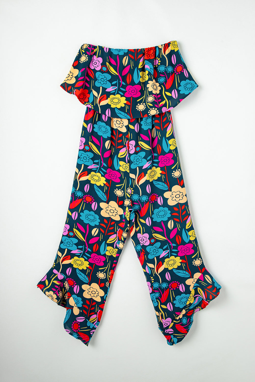 Tropical Print Strapless Ruffle Jumpsuit - ThingsWeUseAndLove 