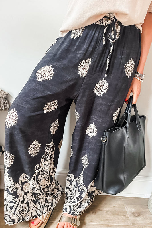 Black Bohemian Print Drawstring Waist Wide Leg Pants - ThingsWeUseAndLove Black-XL