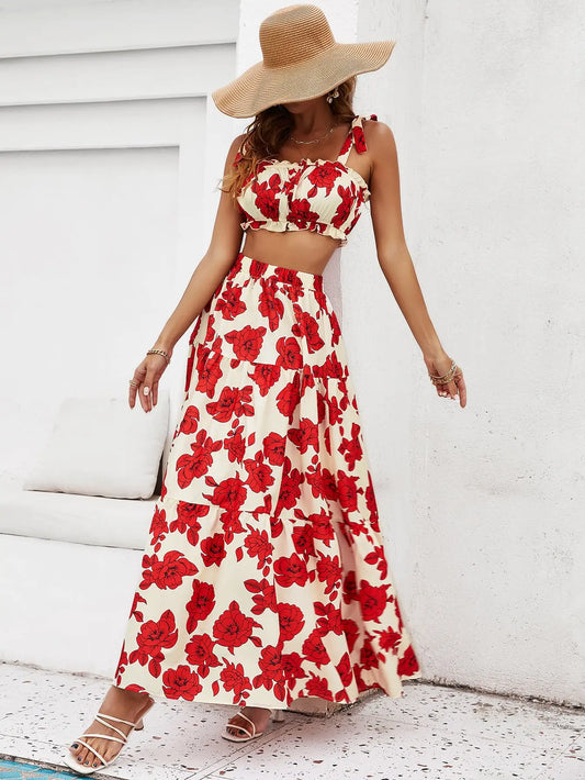 Floral Tie Shoulder Top and Tiered Maxi Skirt Set - ThingsWeUseAndLove 