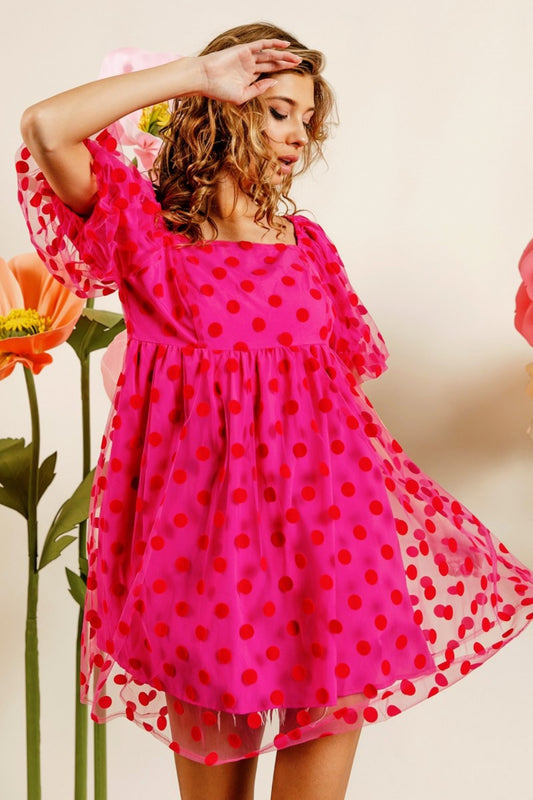 Polka Dot Mesh Puff Sleeve Dress - ThingsWeUseAndLove Fuchsia-XL