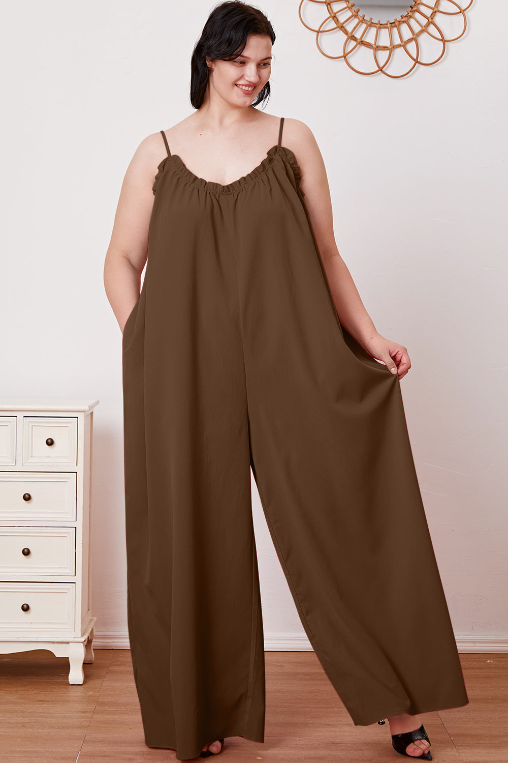 Double Take Full Size Ruffle Trim Tie Back Cami Jumpsuit with Pockets - ThingsWeUseAndLove 