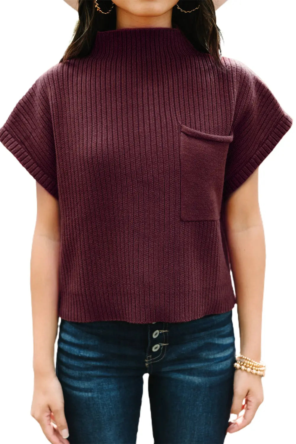 Gold Flame Patch Pocket Ribbed Knit Short Sleeve Sweater - ThingsWeUseAndLove 