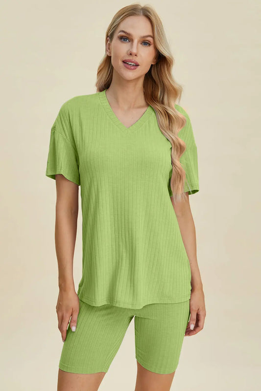 Tippy Basic Bae Full Size Inclusive Ribbed V-Neck Short Sleeve Top and Shorts Set - ThingsWeUseAndLove Yellow-Green-3XL