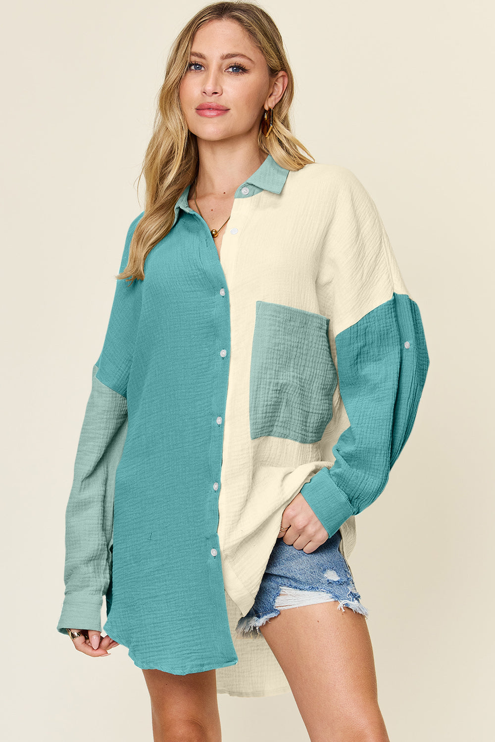 Simone Size Inclusive Pocketed Texture Button Up Shirt - ThingsWeUseAndLove Teal-3XL