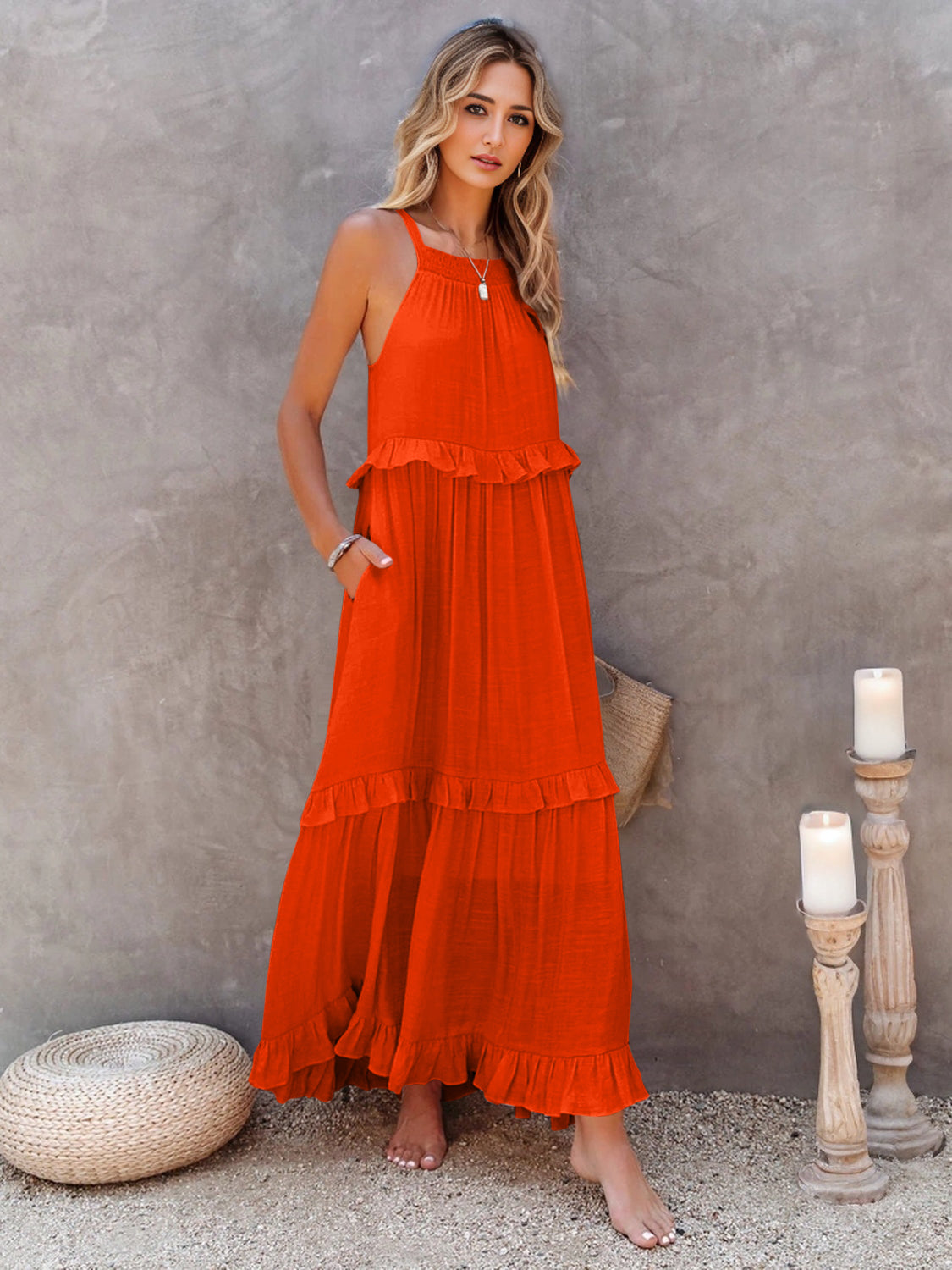 Ruffled Sleeveless Tiered Maxi Dress with Pockets - ThingsWeUseAndLove 