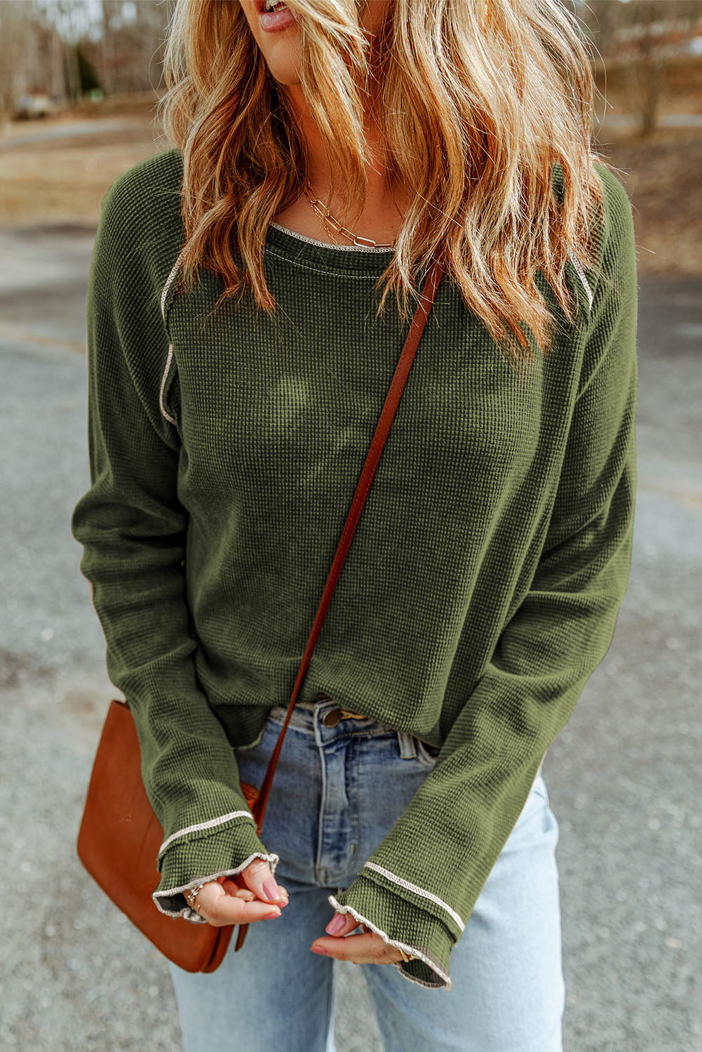 Exposed Seam Textured Pullover Long Sleeve Top - ThingsWeUseAndLove 