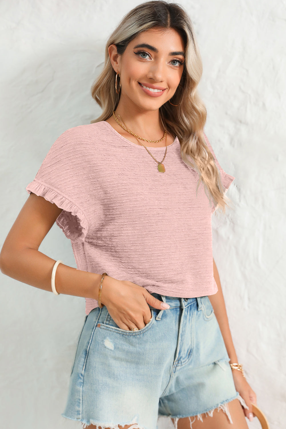 Solid Textured Frill Cuffs Short Sleeve Blouse - ThingsWeUseAndLove 