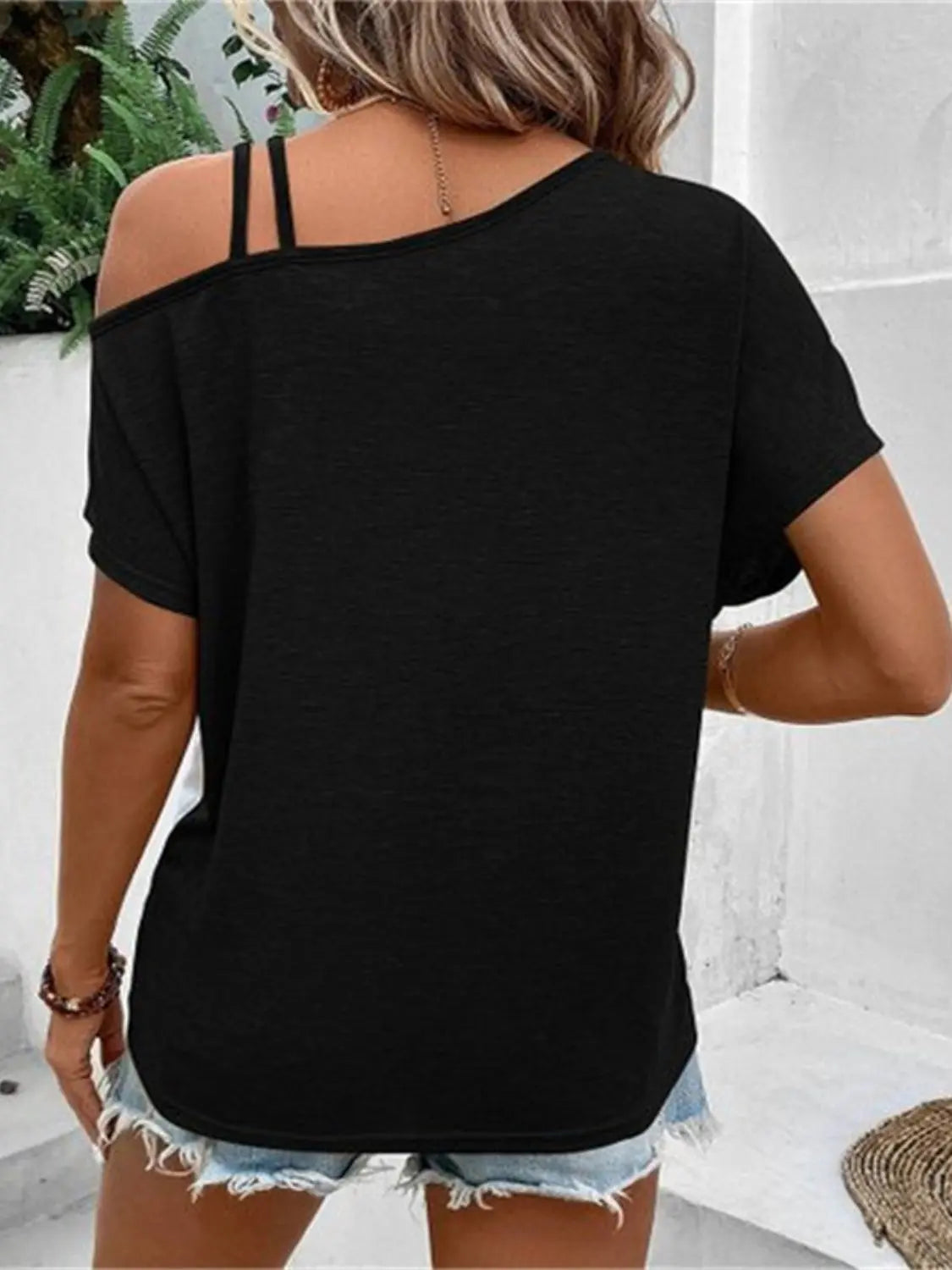 Colleen Contrast Asymmetrical Neck Short Sleeve T-Shirt - ThingsWeUseAndLove 